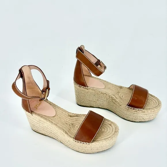 J CREW Leather Platform Wedge Espadrilles in Burnished Pecan