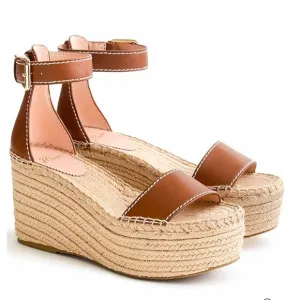 J CREW Leather Platform Wedge Espadrilles in Burnished Pecan