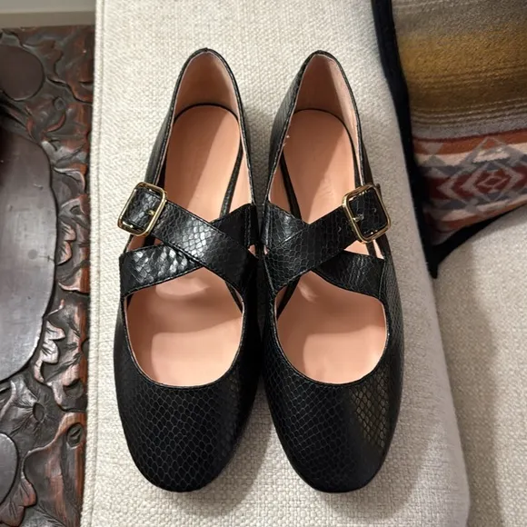J. Crew Logan Mary Jane ballet flats in black snake-embossed Italian leather