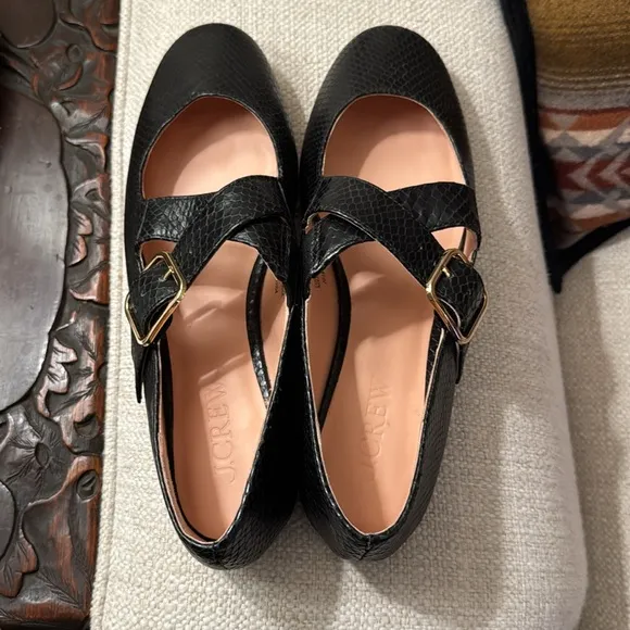 J. Crew Logan Mary Jane ballet flats in black snake-embossed Italian leather