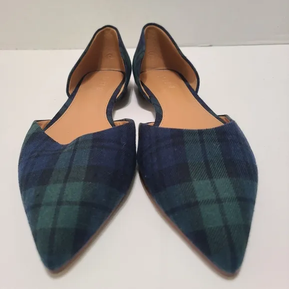 J Crew Plaid D'Orsay Flats Blue Green Pointed‎ Toe Check Oxford English Size 7.5