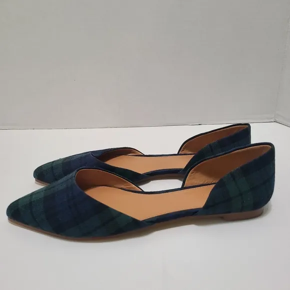 J Crew Plaid D'Orsay Flats Blue Green Pointed‎ Toe Check Oxford English Size 7.5