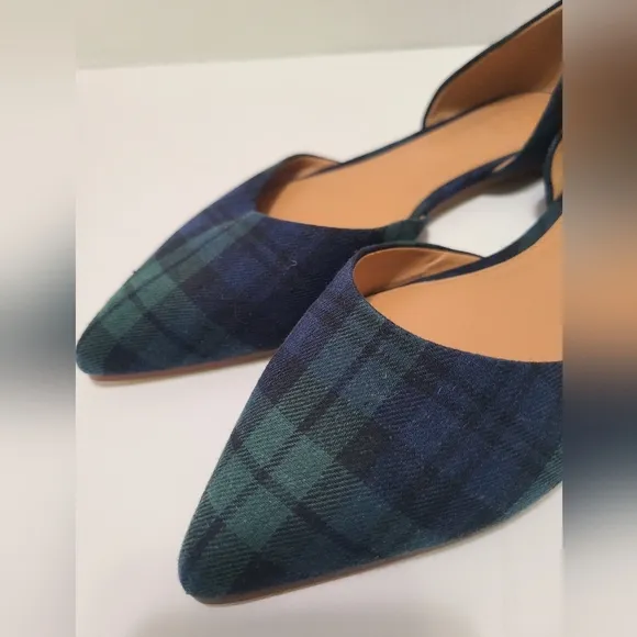 J Crew Plaid D'Orsay Flats Blue Green Pointed‎ Toe Check Oxford English Size 7.5