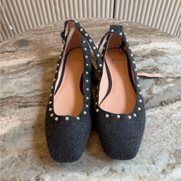 J. Crew Poppy ankle-strap ballet flats in embellished wool pearl size 9.5