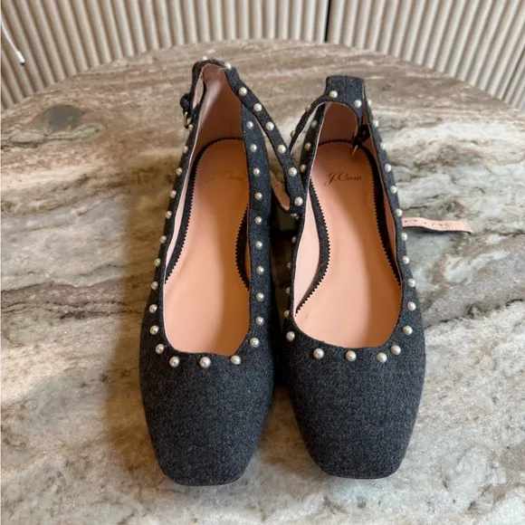 J. Crew Poppy ankle-strap ballet flats in embellished wool pearl size 9.5