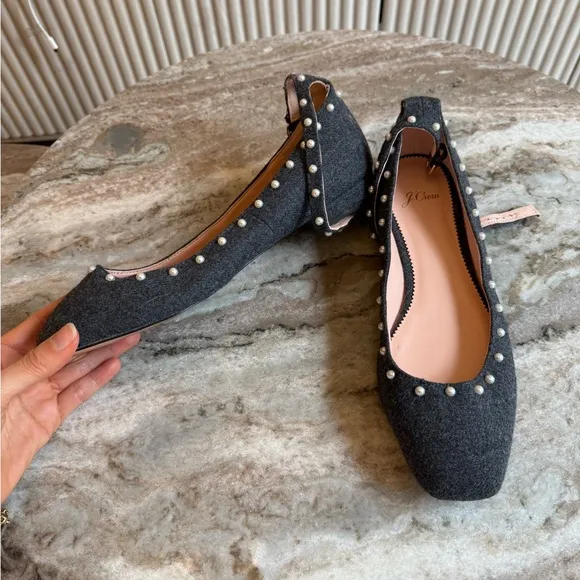 J. Crew Poppy ankle-strap ballet flats in embellished wool pearl size 9.5