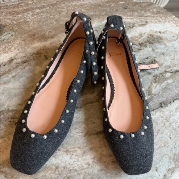 J. Crew Poppy ankle-strap ballet flats in embellished wool pearl size 9.5