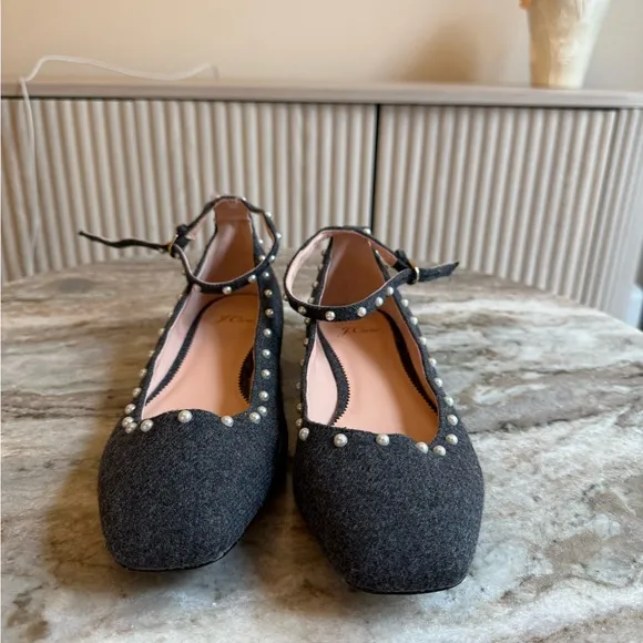 J. Crew Poppy ankle-strap ballet flats in embellished wool pearl size 9.5