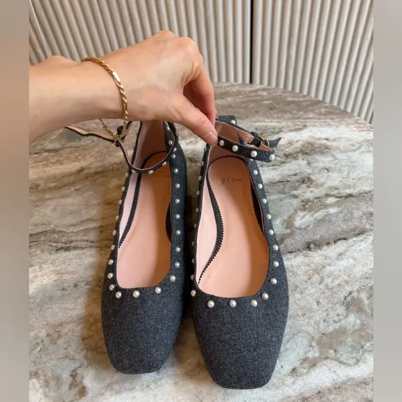 J. Crew Poppy ankle-strap ballet flats in embellished wool pearl size 9.5
