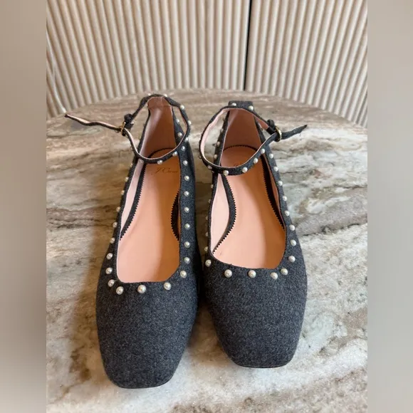 J. Crew Poppy ankle-strap ballet flats in embellished wool pearl size 9.5