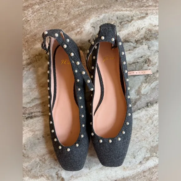 J. Crew Poppy ankle-strap ballet flats in embellished wool pearl size 9.5
