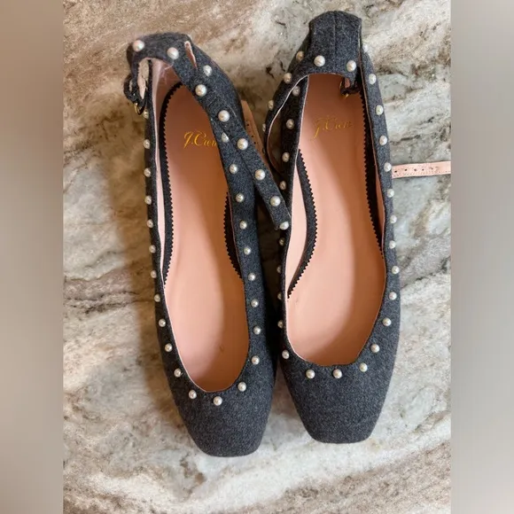 J. Crew Poppy ankle-strap ballet flats in embellished wool pearl size 9.5
