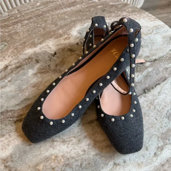 J. Crew Poppy ankle-strap ballet flats in embellished wool pearl size 9.5