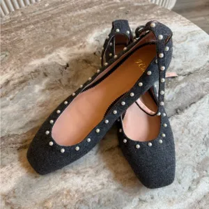 J. Crew Poppy ankle-strap ballet flats in embellished wool pearl size 9.5