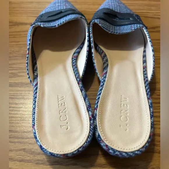 J. Crew Tweed Loafer Navy Blue &amp; Red Plaid Slip-On Mules Women’s Flats Size 8