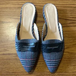 J. Crew Tweed Loafer Navy Blue &amp; Red Plaid Slip-On Mules Women’s Flats Size 8