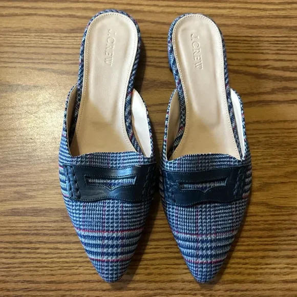 J. Crew Tweed Loafer Navy Blue &amp; Red Plaid Slip-On Mules Women’s Flats Size 8