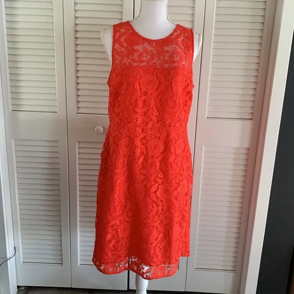J. Crew Women’s Coral Sleeveless Sheath Midi Dress Floral Pattern Lace Size 14