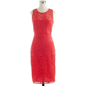 J. Crew Women’s Coral Sleeveless Sheath Midi Dress Floral Pattern Lace Size 14