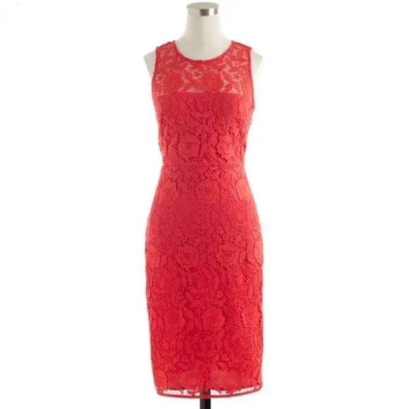 J. Crew Women’s Coral Sleeveless Sheath Midi Dress Floral Pattern Lace Size 14