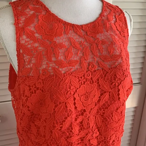 J. Crew Women’s Coral Sleeveless Sheath Midi Dress Floral Pattern Lace Size 14