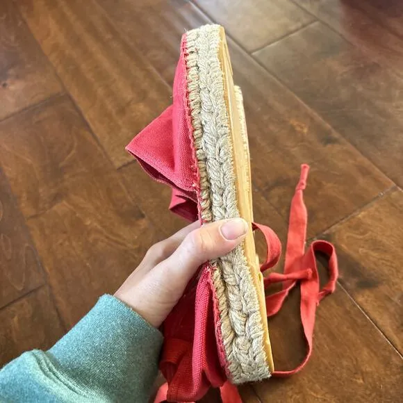 J. Crew Women's Red D'Orsay Wrap Tie Lace-Up Flat Espadrilles Size 8