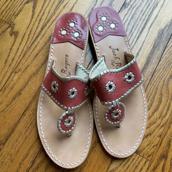 Jack Rogers Flat Navajo Sandals Shoes Flip Flop Rose Gold Leather 10
