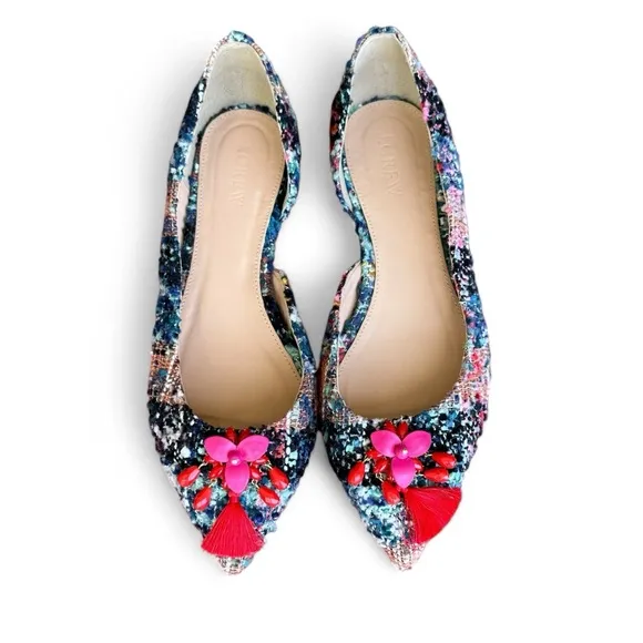 J.Crew Embellished Multicolored Tweed Pointed Audrey Flats Preppy Academia 6.5