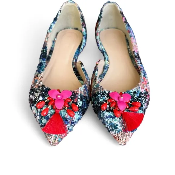J.Crew Embellished Multicolored Tweed Pointed Audrey Flats Preppy Academia 6.5