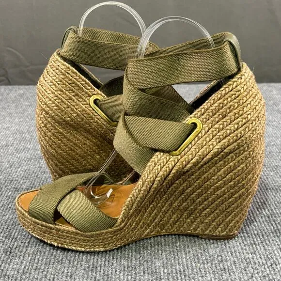 Jean Michel Cazabat Espadrilles Women’s 9.5 Strappy High Wedge Boho Olive Green