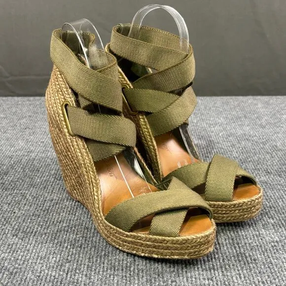 Jean Michel Cazabat Espadrilles Women’s 9.5 Strappy High Wedge Boho Olive Green