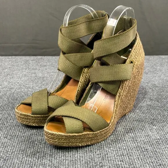 Jean Michel Cazabat Espadrilles Women’s 9.5 Strappy High Wedge Boho Olive Green