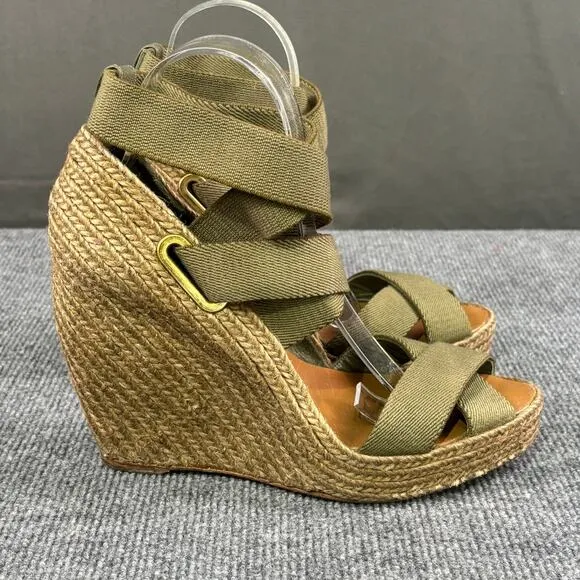 Jean Michel Cazabat Espadrilles Women’s 9.5 Strappy High Wedge Boho Olive Green