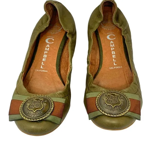 Jeffrey Campbell Handmade Ibiza Last Crest Bow Olive‎ Leather Ballet Flats
