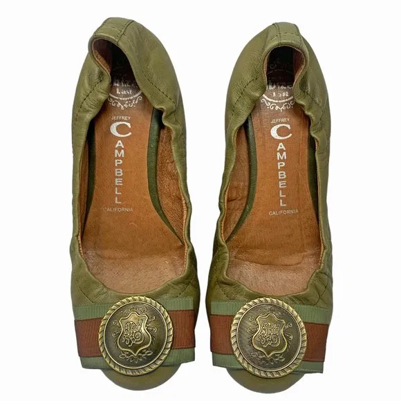 Jeffrey Campbell Handmade Ibiza Last Crest Bow Olive‎ Leather Ballet Flats