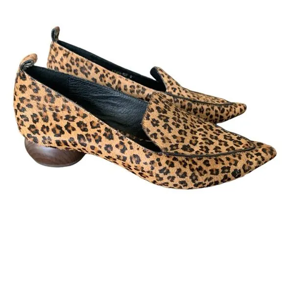 Jeffrey Campbell Viona Size 6 Leopard Print Wood Heel Flats Pointed Toe Real Fur