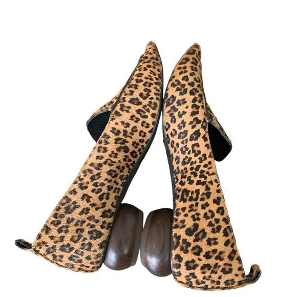 Jeffrey Campbell Viona Size 6 Leopard Print Wood Heel Flats Pointed Toe Real Fur
