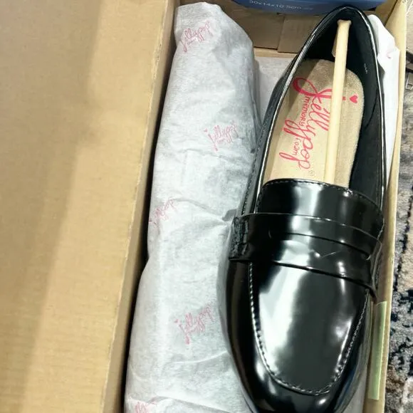 Jelly Pop Rossi Stylish Loafer Slip-On Block Heel Black Patent Size 7.5M NWB
