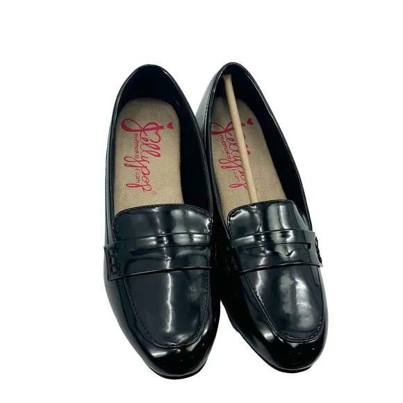 Jelly Pop Rossi Stylish Loafer Slip-On Block Heel Black Patent Size 7.5M NWB