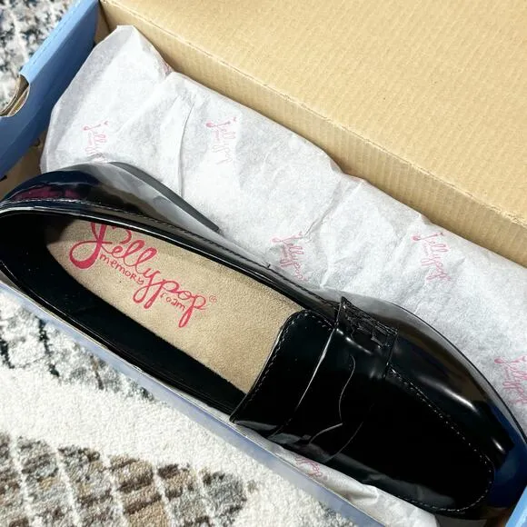 Jelly Pop Rossi Stylish Loafer Slip-On Block Heel Black Patent Size 7.5M NWB