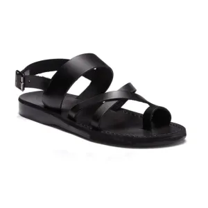 Jerusalem Amos Flat Sandals Ankle Strap Toe Loop Adjustable Leather Black 13 46