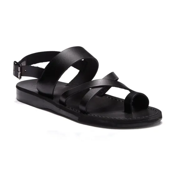 Jerusalem Amos Flat Sandals Ankle Strap Toe Loop Adjustable Leather Black 13 46