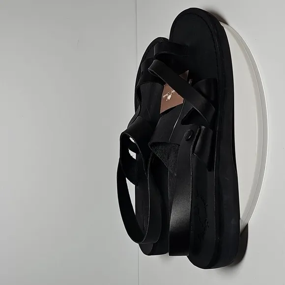 Jerusalem Amos Flat Sandals Ankle Strap Toe Loop Adjustable Leather Black 13 46