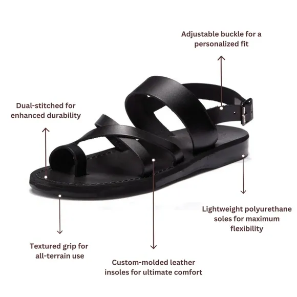 Jerusalem Amos Flat Sandals Ankle Strap Toe Loop Adjustable Leather Black 13 46