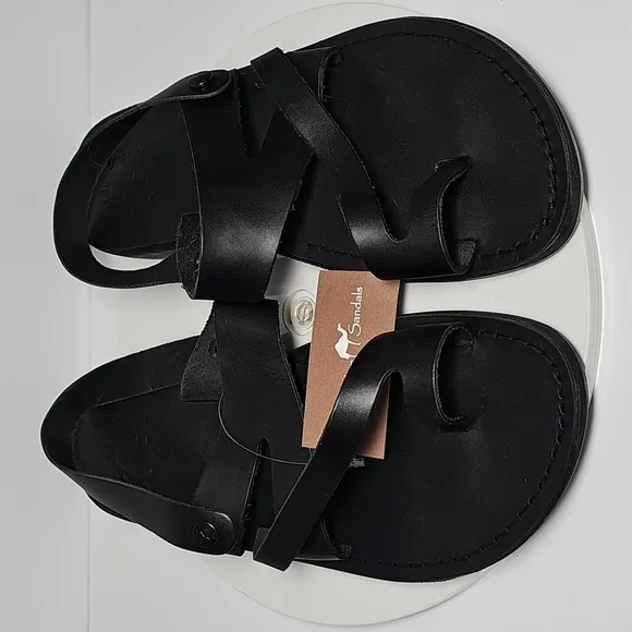 Jerusalem Amos Flat Sandals Ankle Strap Toe Loop Adjustable Leather Black 13 46