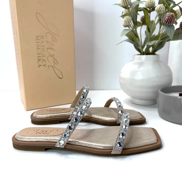 Jewel Badgley Mischka Honesty Flat Sandals Gemstone Studded Straps Women 6.5 NWB
