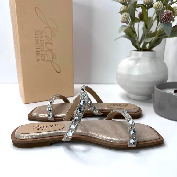 Jewel Badgley Mischka Honesty Flat Sandals Gemstone Studded Straps Women 6.5 NWB