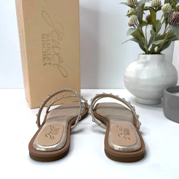Jewel Badgley Mischka Honesty Flat Sandals Gemstone Studded Straps Women 6.5 NWB