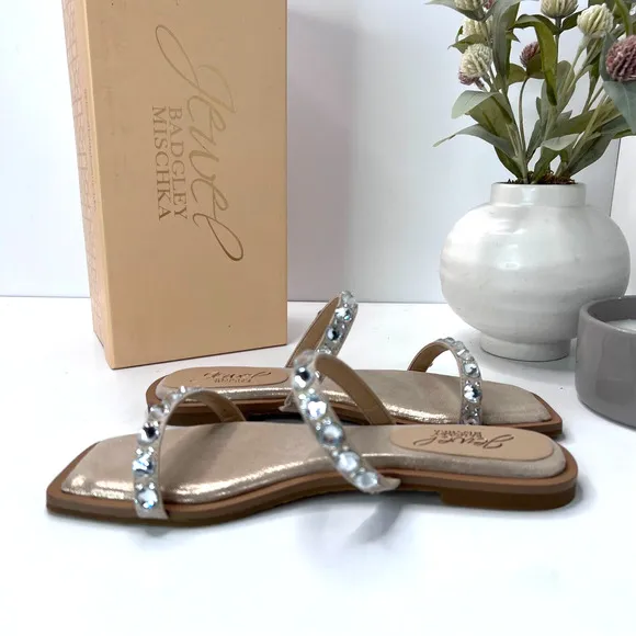 Jewel Badgley Mischka Honesty Flat Sandals Gemstone Studded Straps Women 6.5 NWB