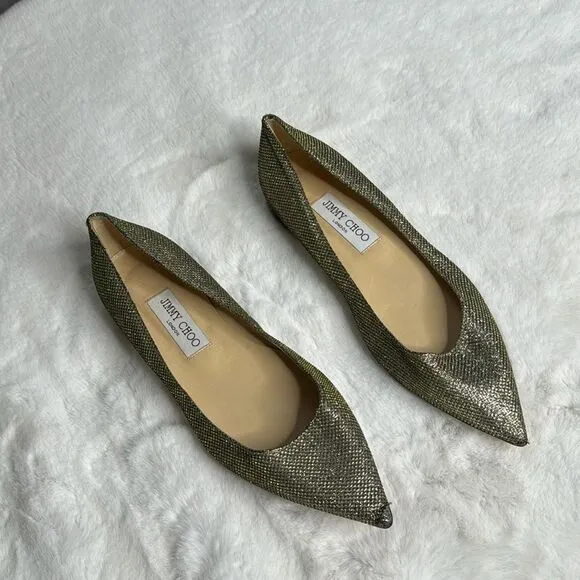 JIMMY CHOO ALINA Lame Glitter Light Bronze Ballet Flats Size 37 / US 7